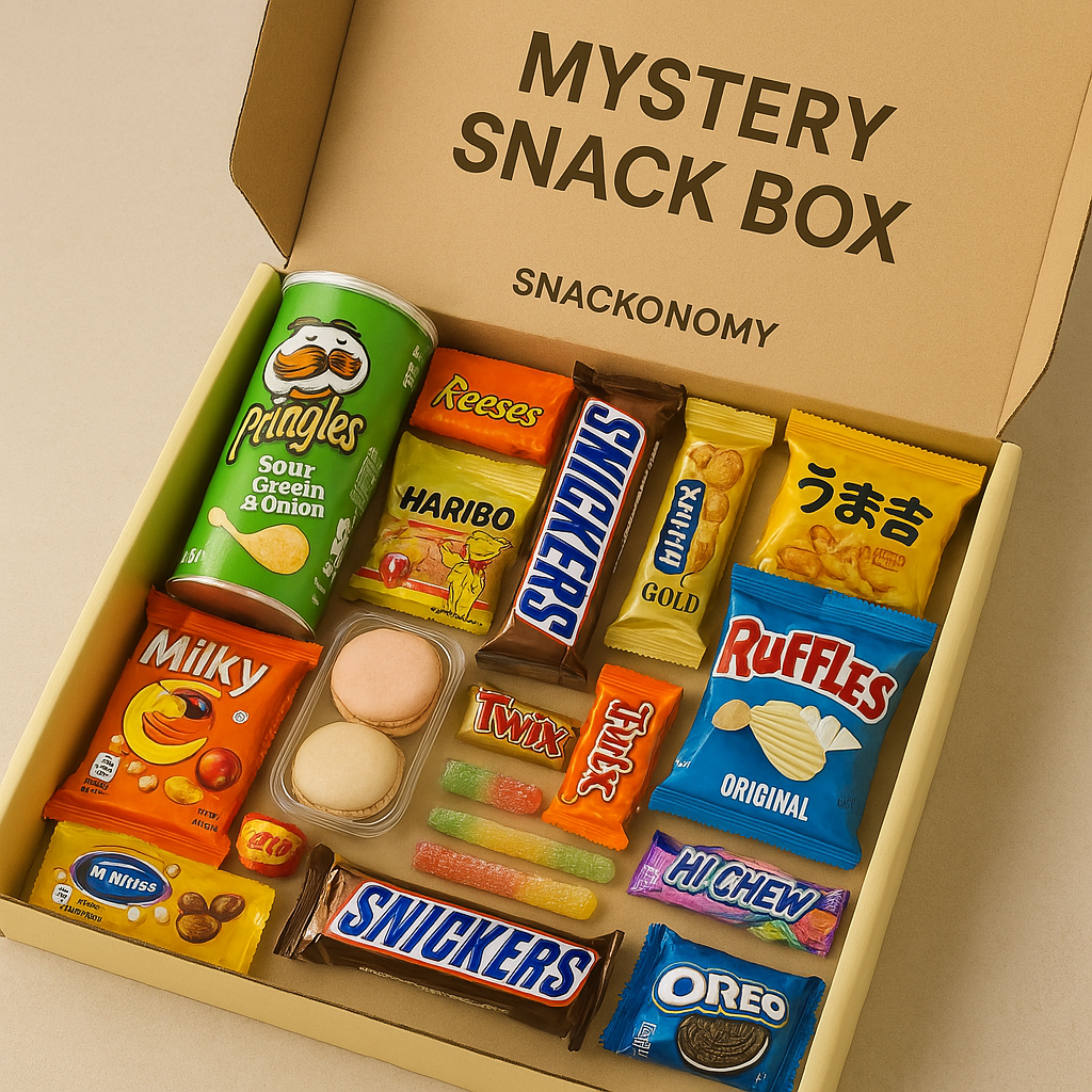 Beispielhafte klassische Mystery Snackbox von Snackonomy – gefüllt mit internationalen und lokalen Snacks für jede Gelegenheit