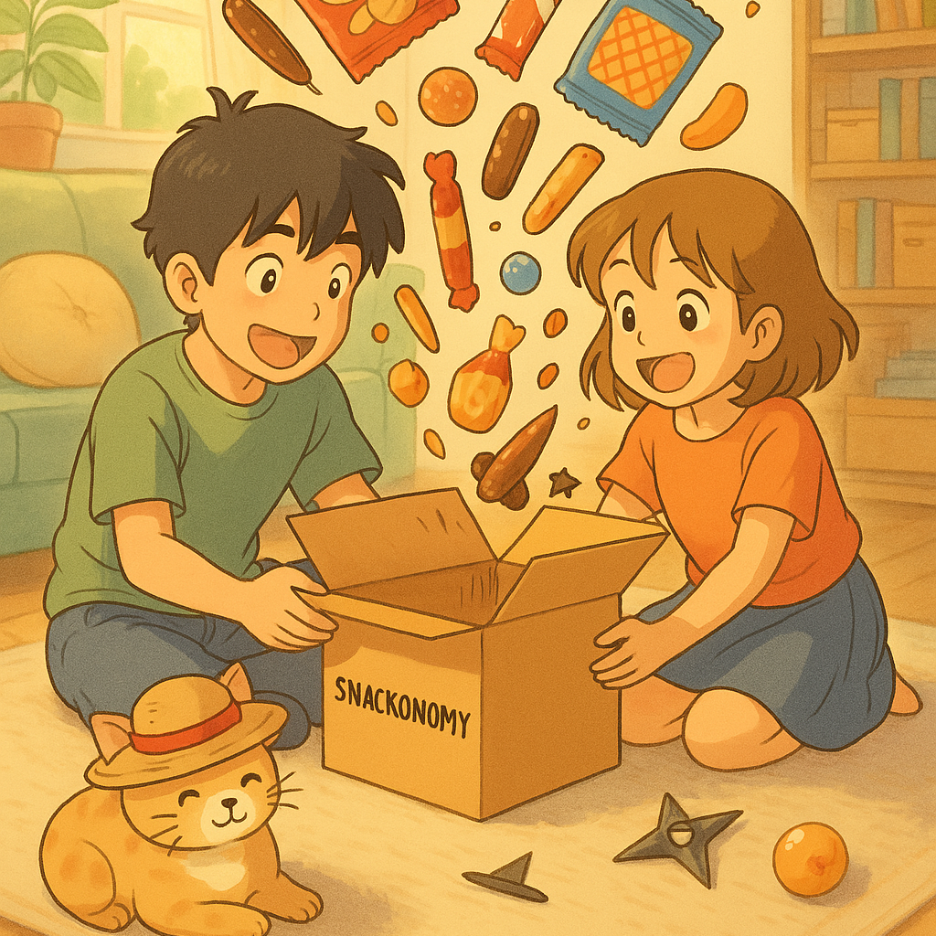 Zwei junge Menschen öffnen eine Anime Mystery Snackbox voller Snacks, inspiriert von Anime-Charakteren und Szenen