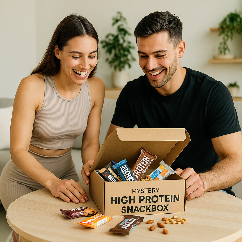 Fit wirkendes Paar packt gemeinsam eine High Protein Snackbox aus, ideal für aktive & sportliche Kunden