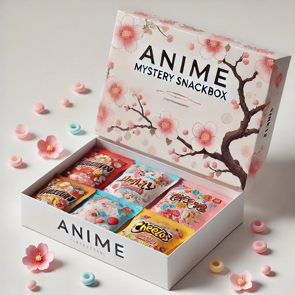 Anime Mystery Snackbox mit abwechslungsreichen süßen & salzigen Snacks, inspiriert von beliebten Anime-Welten