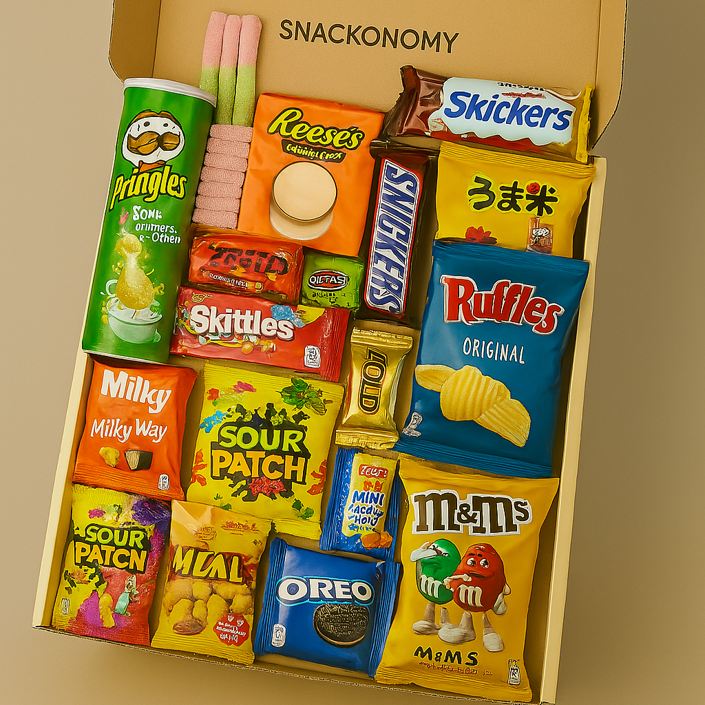 Geöffnete Snackbox mit süßen, salzigen und exotischen Knabbereien – ideal für Überraschungsmomente im Büro oder zu Hause