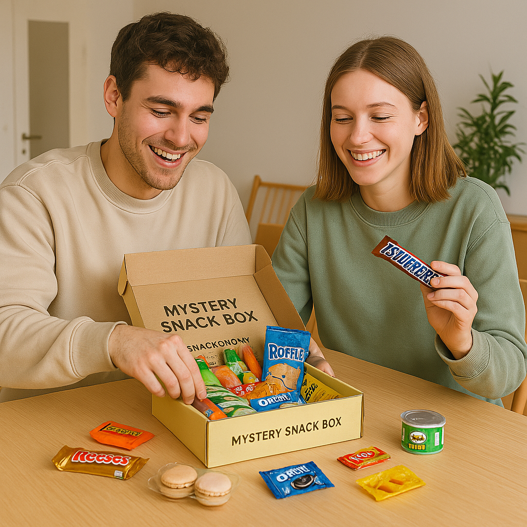 Zwei Erwachsene öffnen begeistert eine kleine Mystery Snackbox am Esstisch und freuen sich