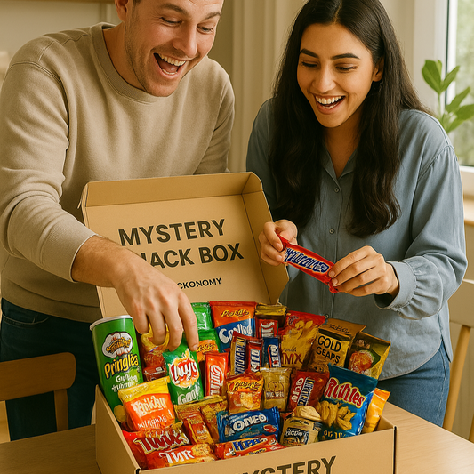 Zwei junge Erwachsene öffnen begeistert eine große Mystery Snackbox am Esstisch